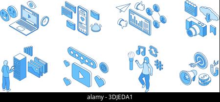 Isometrische Konzepte sozialer Medien. Content Maker, E-Marketing, digitale Datenspeicher. Publikumsattraktion, Rezensionen und Abonnenten, raffinierter Vektor Stock Vektor