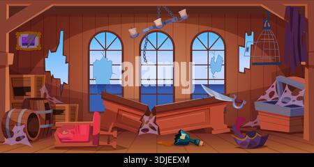 Beschädigte Kapitänskabine. Verlassene hölzerne Innenausstattung des Piratenschiffes gebrochene Tische Stühle und Fenster exakte Vektor-Zeichentrickhintergrund Stock Vektor