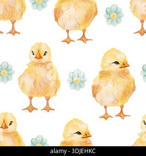 Nahtloses Aquarellmuster mit niedlichen gelben Küken und minimalistischen Blumen auf weißem Hintergrund. Weiches und verspieltes Frühlingsdesign, perfekt für Kinder Stockfoto