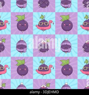 Nahtloses Schachbrettmuster mit schwarzen Kawaii-Zeichen. Netter Berry Mascot Doktor, Sommertourist mit Flamingo und Winter auf Groovy Blue Stock Vektor