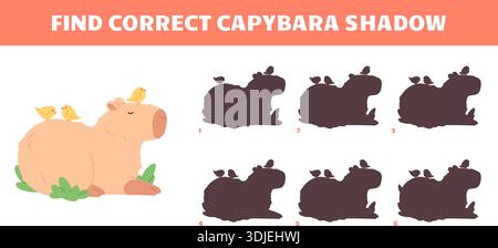 Kinder Puzzlespiel mit Capybara. Comic Capybaras Schatten, finde richtig. Lernkinder spielen Vektorvorlage. Lustige, abtrünnige Tierfigur mit Stock Vektor