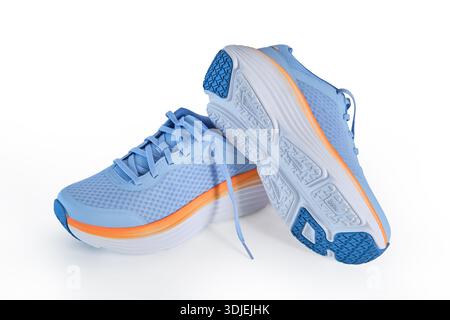 Moderne Laufschuhe in Blau und Orange mit Mesh-Obermaterial und gepolsterten Sohlen Stockfoto