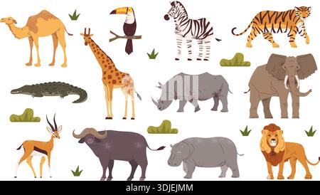Afrikanische Savannentiere. Safari Dschungel Tier Fauna, exotische afrika Pflanzenfresser fleischfressende wilde Natur Zebra Nashorn Elefant Giraffe Tiger Cartoon Zoo Set klassische Vektor Illustration Original Kunstwerk Stock Vektor