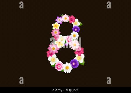 Blumenmuster Nummer acht. 3D Blume 8 Figur für internationalen Frauentag märz realistische Frühlingsblumen mit Blättern Frau Feiertag weibliche Dekoration isolierte Laub Vektor Illustration Original Kunstwerk Stock Vektor
