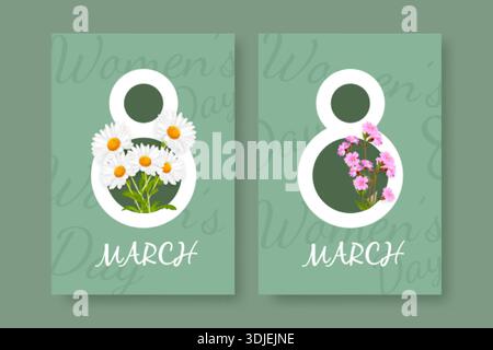 Karte für den 8. März. Realistische Blumen in der 8. Zahl, Frauentag Grußkarten Design elegante Vorlage weibliche Frühling Feiertag Blume Kamille Wildblumenstrauß 3D Vektor Illustration Original Artwork Stock Vektor