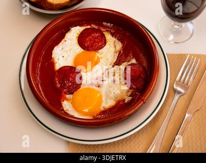 Spanische Küche, Spiegeleier mit Chorizo-Würstchen und Tomatenpaste auf Teller Stockfoto