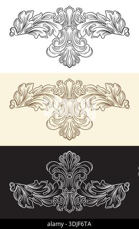 Florale horizontale symmetrische Handzeichnung Barockverzierung, kunstvolles Designelement. Filigran gearbeitete Vintage-Hochzeitsrolle mit Retro-Muster. Vektorillu Stock Vektor