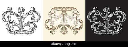 Florales Monogramm symmetrische Handzeichnung Barockverzierung, kunstvolles Designelement. Filigran gearbeitete Vintage-Hochzeitsrolle mit Retro-Muster. Vektorillust Stock Vektor