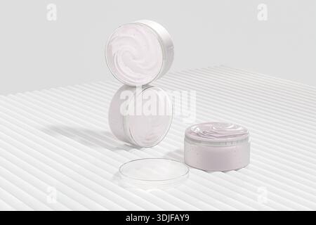 Transparenter Kunststoff-Creme-Glas-Modell, zylindrischer Behälter für Hautpflege aus mattiertem Glas mit Deckel, einwandiger runder Kosmetikbehälter, luxuriöses Bad und Bod Stockfoto