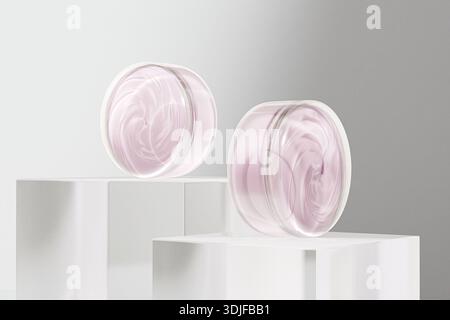 Transparenter Kunststoff-Creme-Glas-Modell, zylindrischer Behälter für Hautpflege aus mattiertem Glas mit Deckel, einwandiger runder Kosmetikbehälter, luxuriöses Bad und Bod Stockfoto