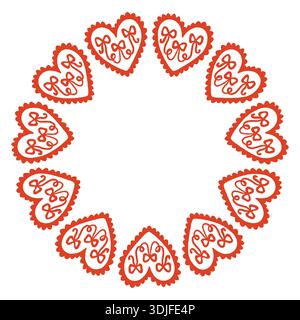 Skurrile Vektor-Illustration eines kreisförmigen Rahmens aus dekorativen Volksherzen. Niedliches handgezeichnetes Doodle-Design in Rot und weiß, perfekt für Stock Vektor