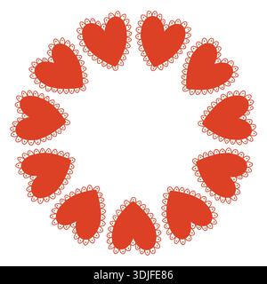 Skurrile Vektor-Illustration eines kreisförmigen Rahmens aus dekorativen Volksherzen. Niedliches handgezeichnetes Doodle-Design in Rot und weiß, perfekt für Stock Vektor
