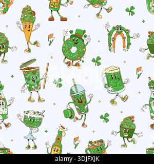 Nahtloses Cartoon-Muster mit groovigem Hippie-Muster am Patrick Day Stock Vektor
