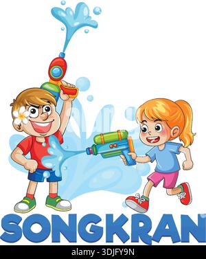 Cartoon Junge und Mädchen Spritzen Wasserpistolen in einer verspielten Songkran Festival Vektor Illustration Stock Vektor