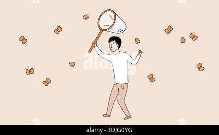 Der Mensch hält ein Netz und fängt Schmetterlinge. Die Schmetterlinge sind überall um ihn herum verstreut und der Mann versucht, sie zu fangen. Die Szene hat ein Stück Stock Vektor