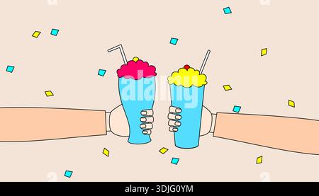 Zwei Leute halten zwei Tassen Eis hoch. Im Hintergrund sind Konfetti Stock Vektor