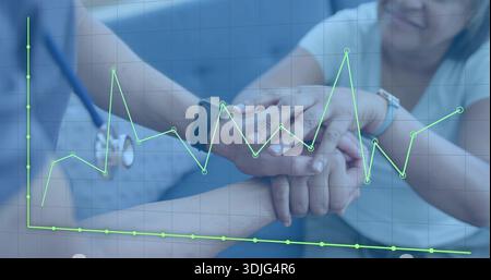 Hände in der Hand halten, Arzt in Peelings unterstützen Klinikpatienten, Stethoskop, Uhr, Neonüberzug Stockfoto