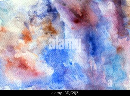 Abstrakter Hintergrund mit Aquarell. In verschiedenen Farben, in Blau-, Lila-, Braun- und Weißtönen. Chaotische Flecken, Farben vermischen sich zu neuen Farben, Schattierungen. Textu Stockfoto