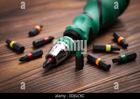 Schraubendreherspitzen in verschiedenen Formen und Größen. Handschraubendreher und Satz der austauschbaren Bits. Präzisions-Schraubendreher-Kit. Präzisionsmagnet Aus Stahl Stockfoto