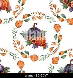 Nahtloses Aquarellmuster mit mystischen Kürbissen, eingebettet in kreisförmige Kränze aus orangefarbenen und grünen Herbstblättern. Das sich wiederholende Design Stockfoto