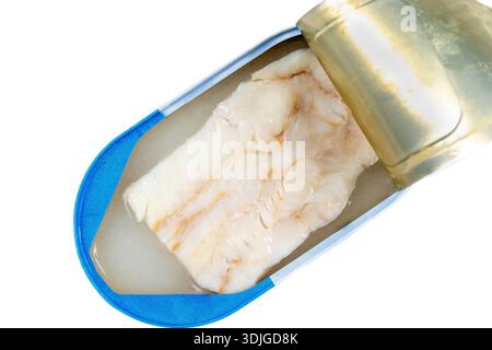 Über dem Bild einer offenen Dose Weißfisch auf weißem Hintergrund Stockfoto
