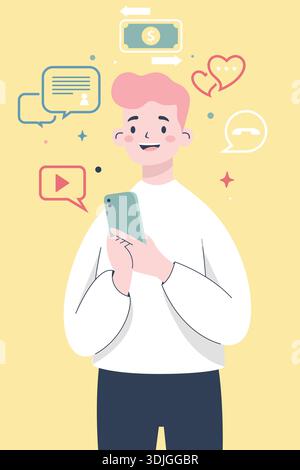Junger Mann mit Smartphone mit frei beweglichen Multimedia- und Social-Media-Symbolen. Stock Vektor