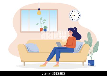Frau, die am Laptop arbeitet, während sie zu Hause auf dem Sofa sitzt. Stock Vektor