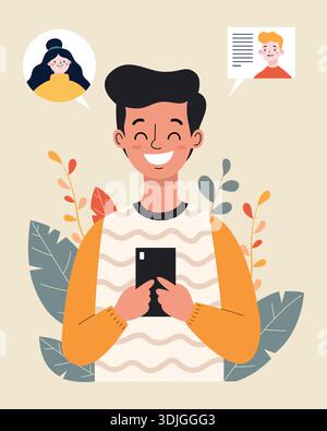 Glücklicher Mann mit Smartphone für soziale Medien und Messaging. Stock Vektor