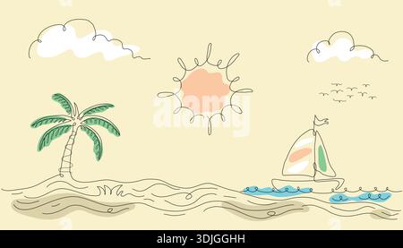 Durchgehende Linienzeichnung des tropischen Strandes. Stock Vektor