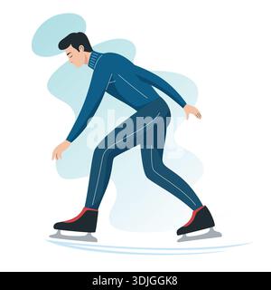 Mann in Winterkleidung, der auf einer Eisbahn Schlittschuhlaufen läuft. Stock Vektor