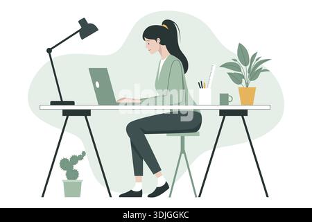 Seitenansicht einer Frau, die am Schreibtisch arbeitet. Stock Vektor