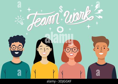 Verschiedene Gruppen von Menschen mit handgezeichnetem Schriftzug in Teamarbeit. Stock Vektor