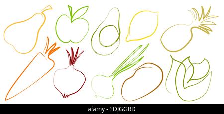 Verschiedene Obst- und Gemüsesorten in einem einfachen Stil. Das Arrangement umfasst Birnen, Äpfel, Avocados und Karotten, umgeben von anderen Produkten Stock Vektor