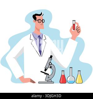 Wissenschaftler im Laborkittel mit Mikroskop. Stock Vektor