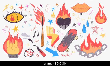 Doodle-Feuer-Symbole isoliert auf weißem Hintergrund. Vektor-Karikaturillustration von Herz, Kette, Übereinstimmung mit brennender Flamme, menschliches Auge, Lippen, Skateboard, kühle Tätowierungsskizzen, handgezeichnete Kritzeleien Stock Vektor