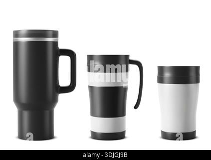Modell-Set aus Trinkbecher mit wärmeisoliertem Becherdesign in Schwarz und weiß. Realistische Reisebecherkollektion mit Griff und Deckel. Thermosflaschen aus Edelstahl mit wiederverwendbaren Kolbenschablonen. Stock Vektor