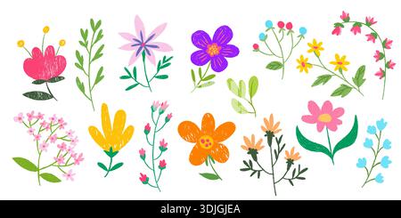 Bunte Buntstifte Blumen auf weißem Hintergrund. Vektor-realistische Illustration von Hand gezeichneten Farb-Kreidepflanzen und Gras, kindliches Feld, Park- oder Wiesenzeichnung, Schulplakatelemente Stock Vektor