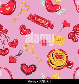 Valentinstag nahtlose Vektormuster mit niedlichen roten Herzen, Schlüsseln, Süßigkeiten, Kaffeetassen, Kirsche, Umschläge, Herzen und Flügel Stock Vektor