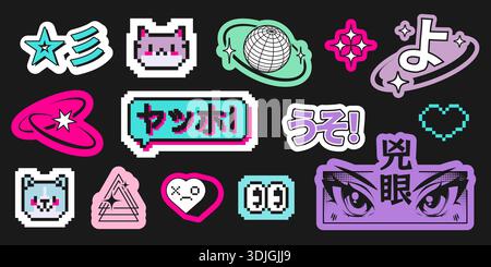 Y2K Anime Aufkleber auf schwarzem Hintergrund. Vektor-Illustration von Pixelherz und Sternsymbolen, asiatische Hieroglyphen, Mädchenaugen, niedliche kawaii Haustiere, Planetensymbol, trendiges futuristisches Retro-Emoji Stock Vektor