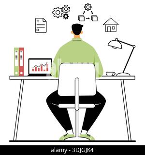 Mann, der am Schreibtisch mit Laptop und Datenkarten arbeitet. Stock Vektor