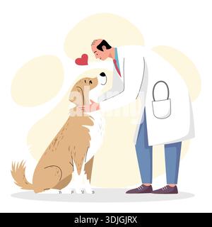 Professioneller männlicher Tierarzt, der einen freundlichen Hund untersucht und betreut. Stock Vektor