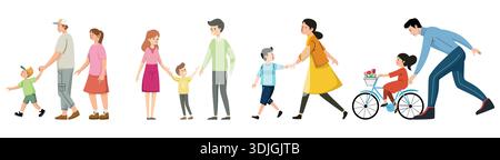 Eine Gruppe verschiedener Familien, die zusammen spazieren gehen und Fahrrad fahren. Stock Vektor