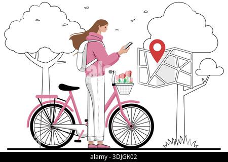Frau mit Fahrrad, die Kartennavigation im Park benutzt. Stock Vektor