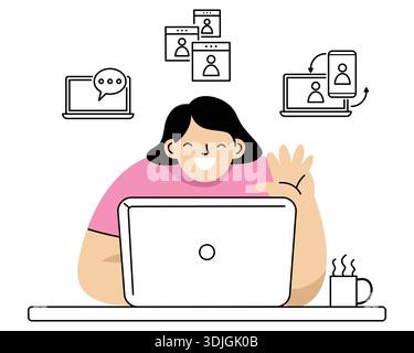 Frau, die einen freundlichen Videoanruf auf ihrem Laptop hat. Stock Vektor