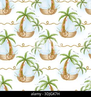 Ein nahtloses Muster mit Palmen, Segelbooten, Seilen und Möwen. Sanfte Aquarelle und ein skurriler Kinderillustrationsstil. Stockfoto