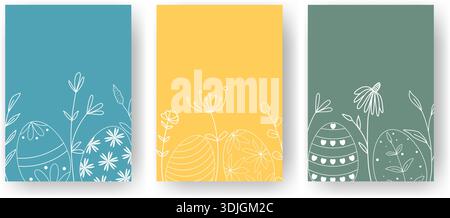 Satz vertikaler Ostervorlagen für Postkarten, Flyer, Broschüren, Werbung, Grußworte. Farbige Hintergründe mit Silhouetten bemalter Eier Stock Vektor