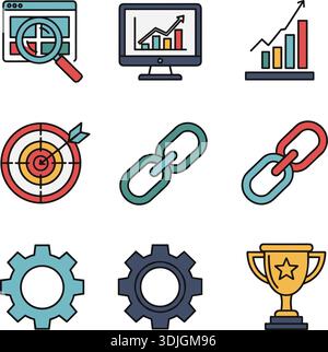 Digitales Marketing und SEO-Symbolsatz mit 3D-Glasmorphismus für Business Web Design Stock Vektor