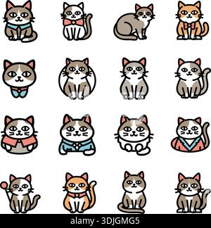 Niedlicher Katzencharakter Aufkleber Set, flache Vektor-Illustration von Hand gezeichneten verspielten Kätzchen Ausdrücken Stock Vektor