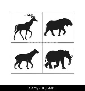 Wildtier-Silhouetten Set Hirschbär Wolf Elephant Stock Vektor