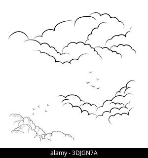 Sammlung von flauschigen Wolken in verschiedenen Formen und Silhouetten von Vögeln, schwarz-weiße Skizze. Buschige Bergwolken, isoliert auf weißem Hintergrund. Stock Vektor